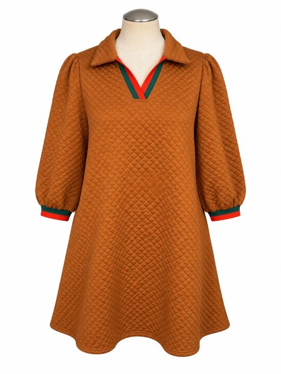 wenrine Dresses & Skirts - NWT Wenrine Brown Quilted Mini Dress M Collared V Neck Puff Sleeve Colorblock